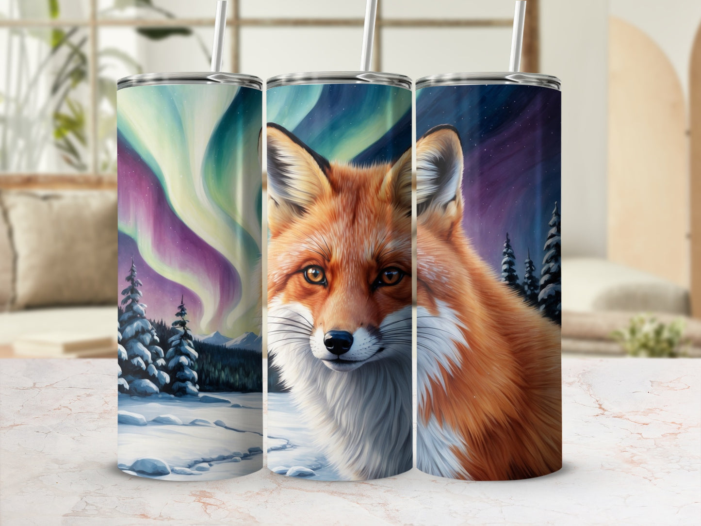 Fox portrait on a tumbler with aurora borealis and snowy trees background.