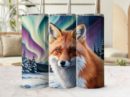 Fox portrait on a tumbler with aurora borealis and snowy trees background.
