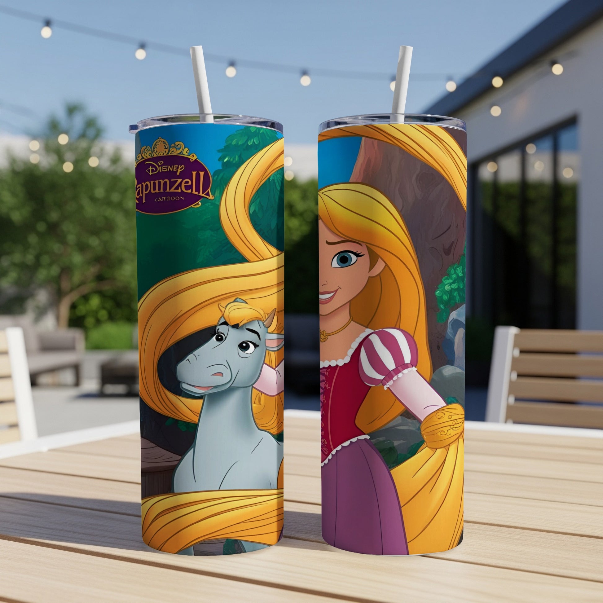 Tangled characters Rapunzel and Maximus on a purple and pink insulated tumbler.