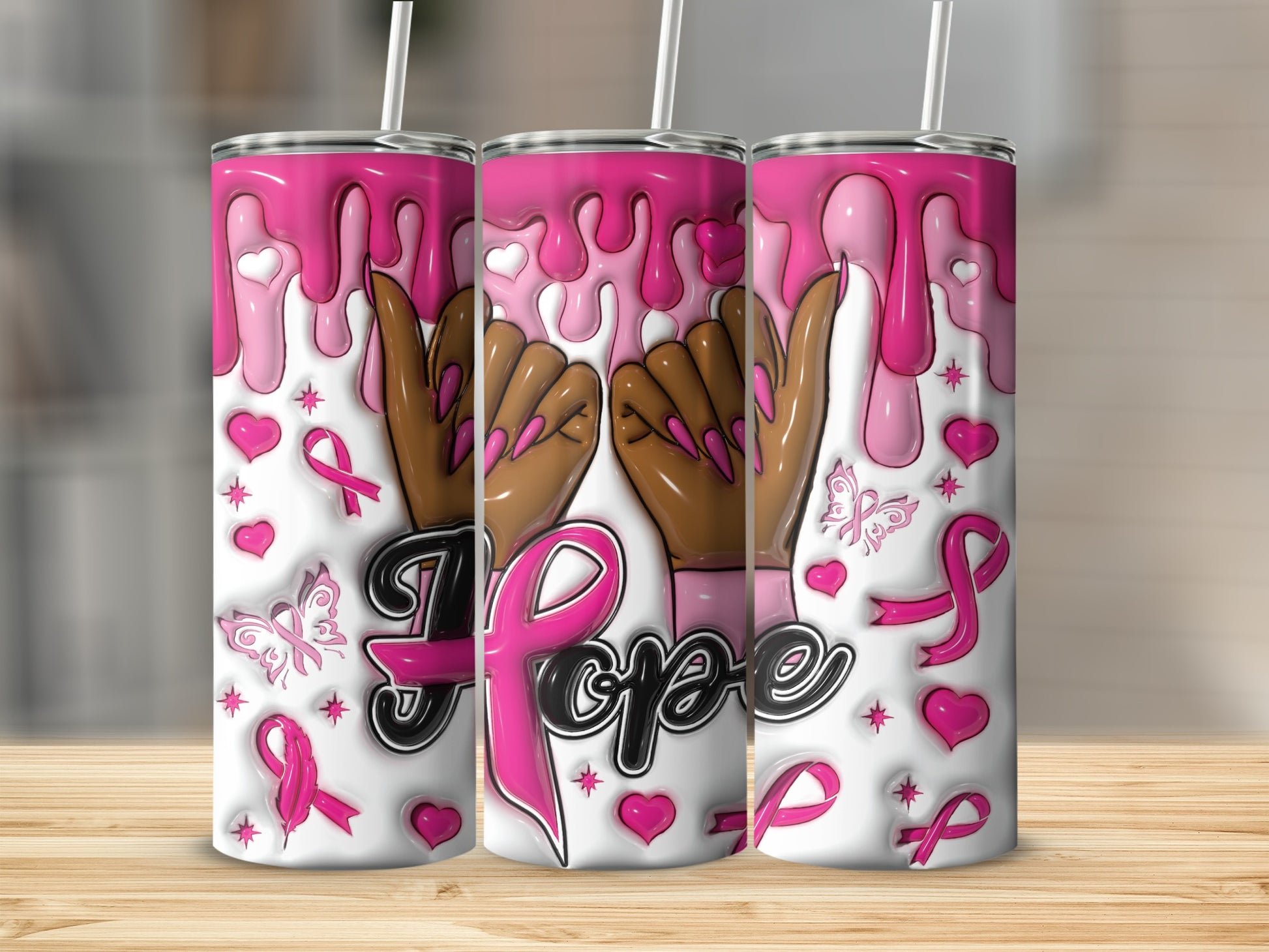 Pink dripping design tumbler with "Hope" text and breast cancer ribbons.
