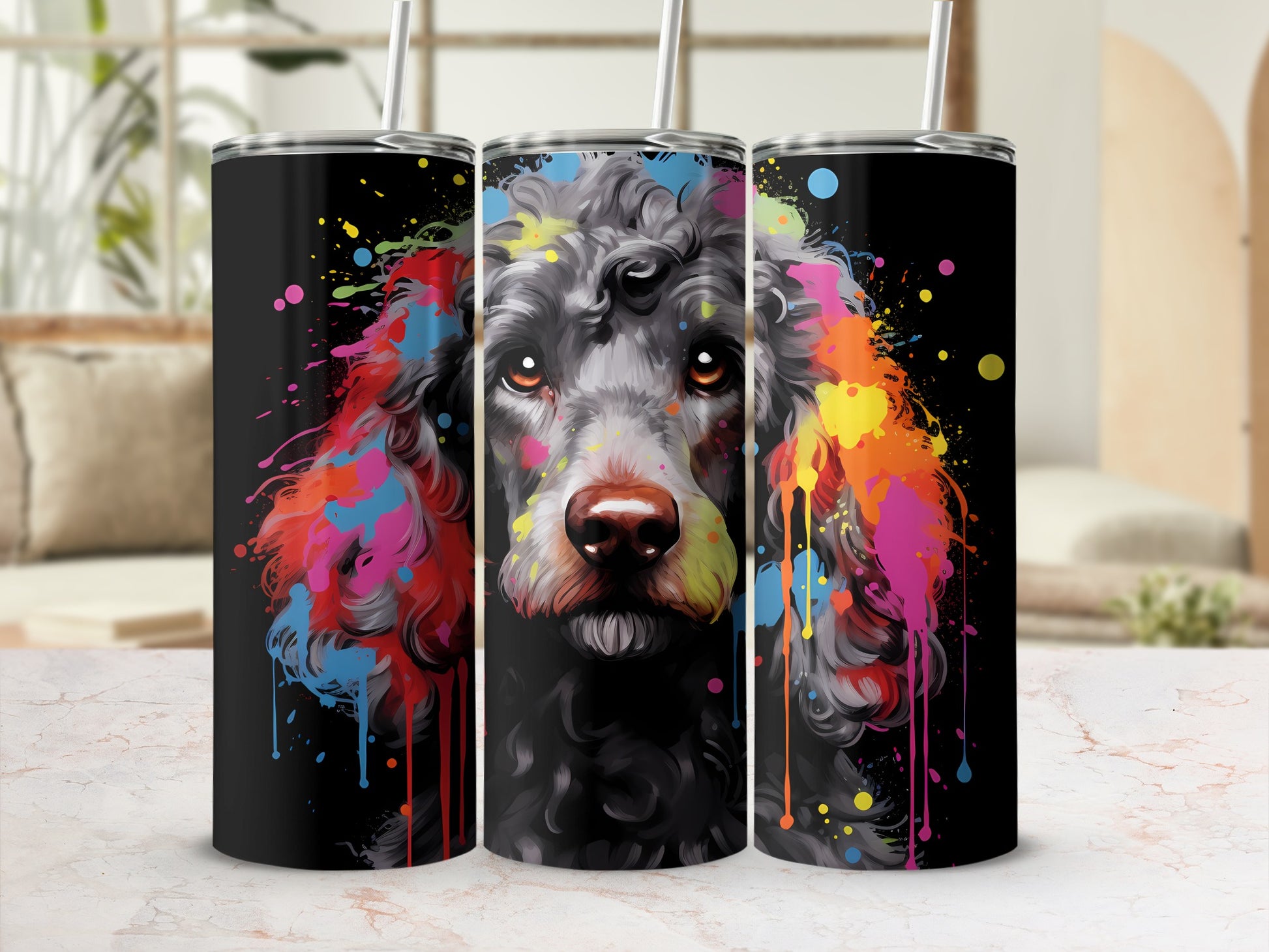 Black poodle with colorful paint splatters on a black tumbler.