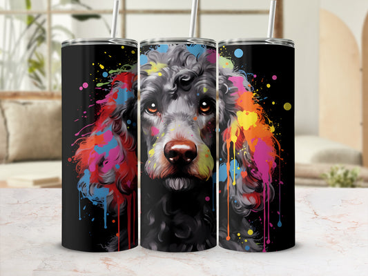 Black poodle with colorful paint splatters on a black tumbler.