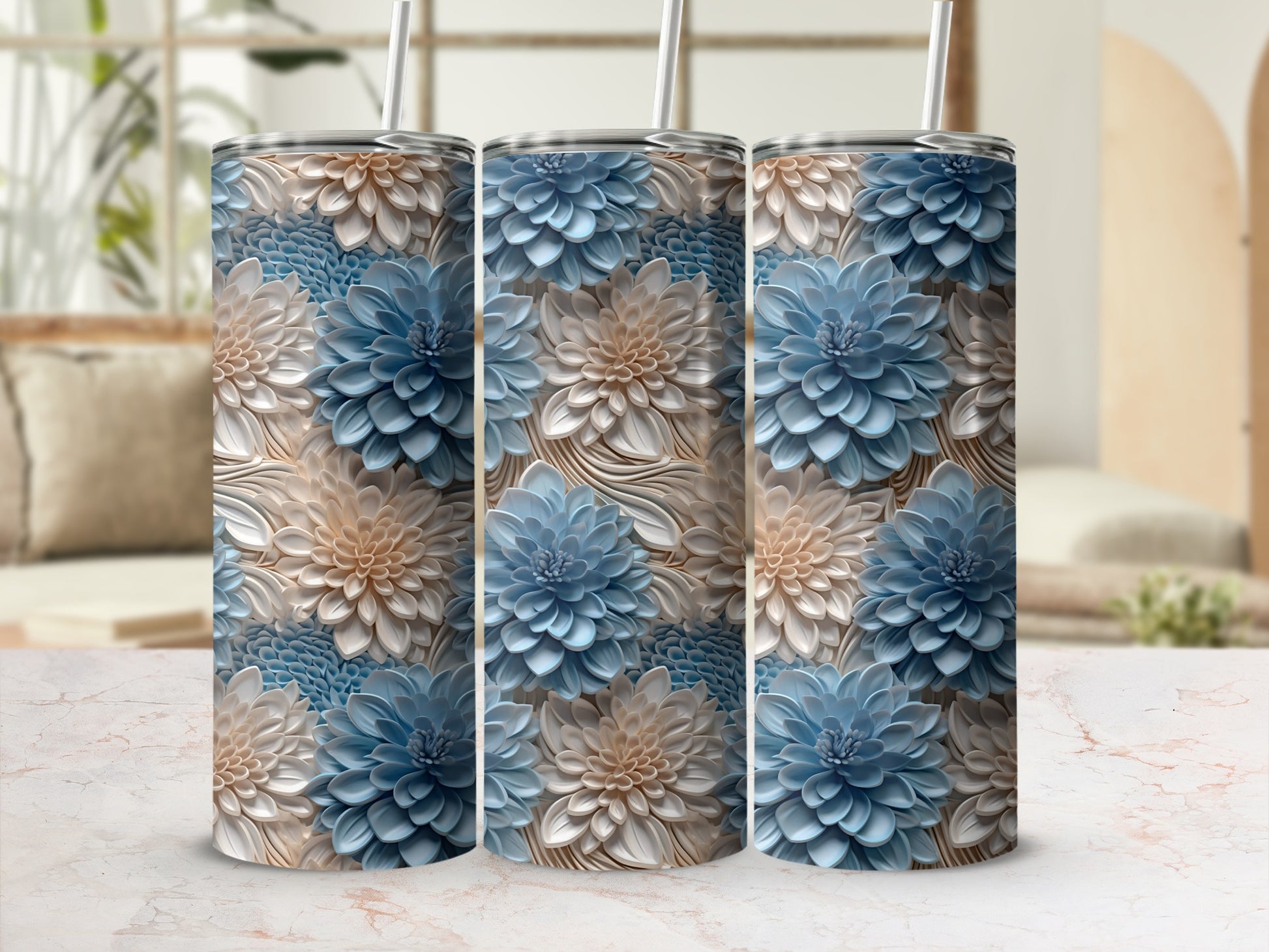 Blue Beige Floral Textured Dahlias Tumbler product type