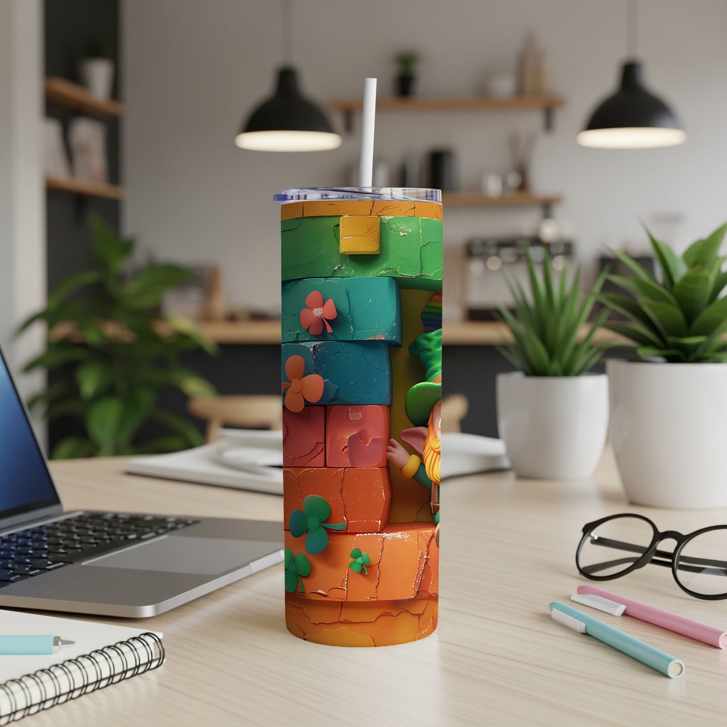 St. Patrick's Day tumbler with shamrocks and a leprechaun character.