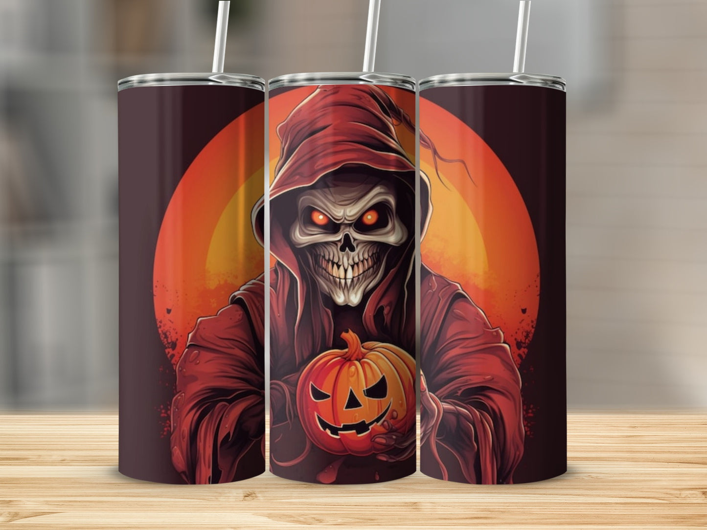 Grim reaper in red robe holding a carved pumpkin against an orange sun.