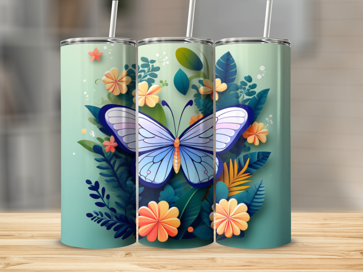 Blue butterfly with flowers and leaves on three tumblers.