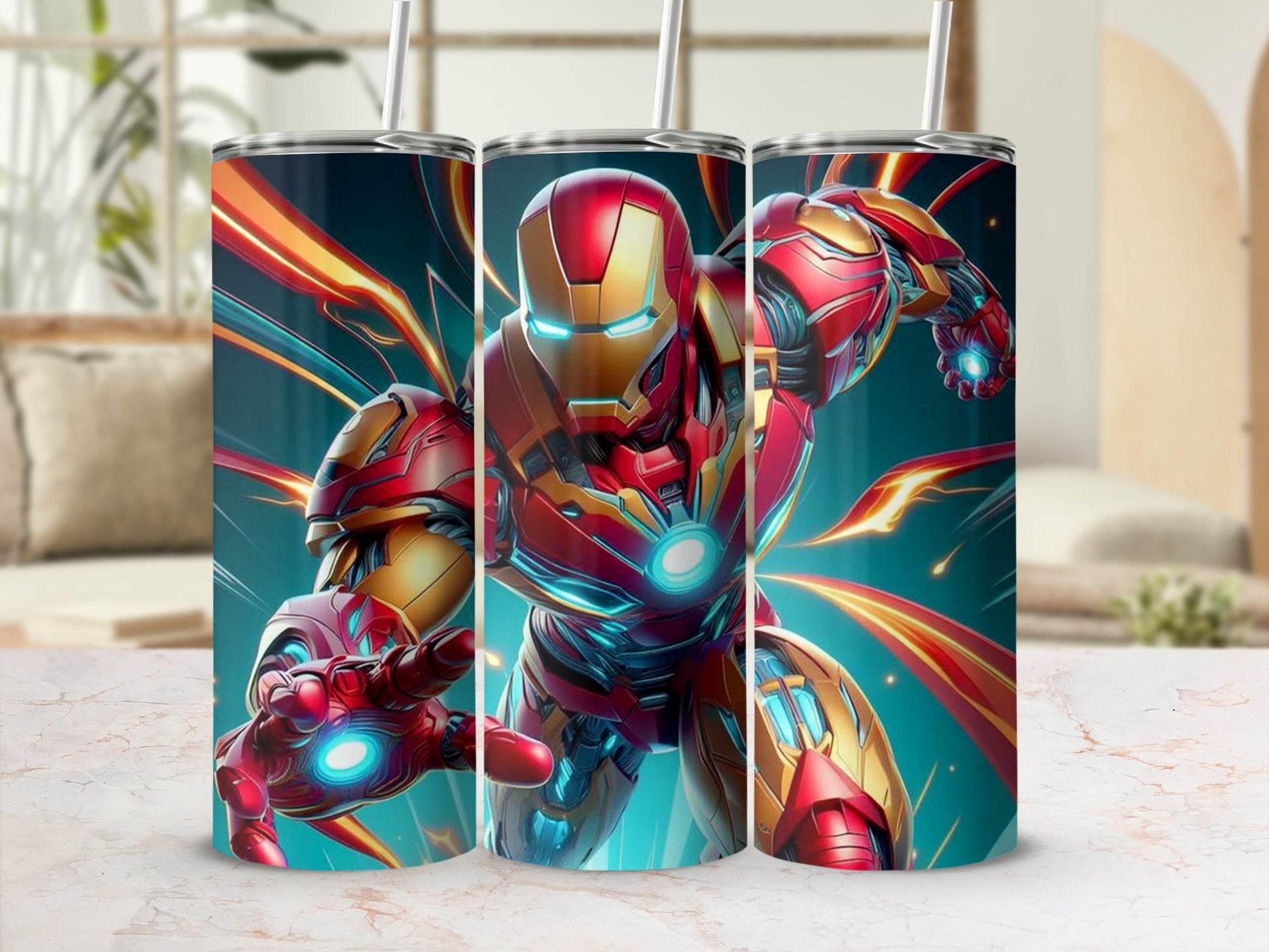 Iron Man in dynamic pose with glowing blue repulsor blast, vibrant energy trails.