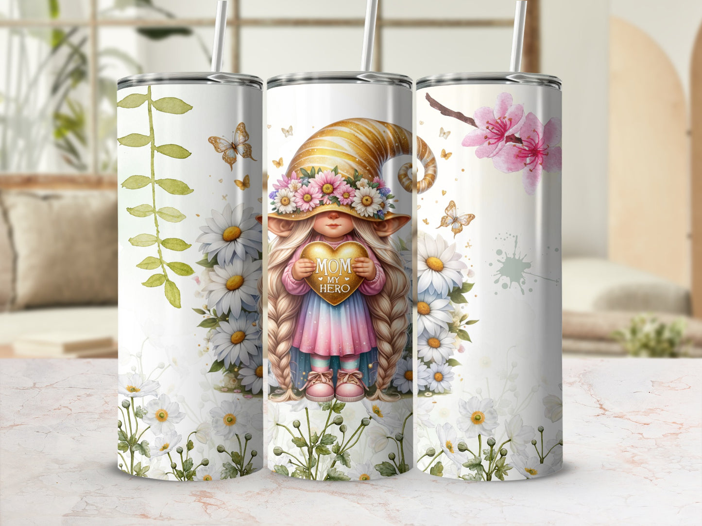 Floral Fantasy Mom My Hero Gnome Drinkware Tumblers