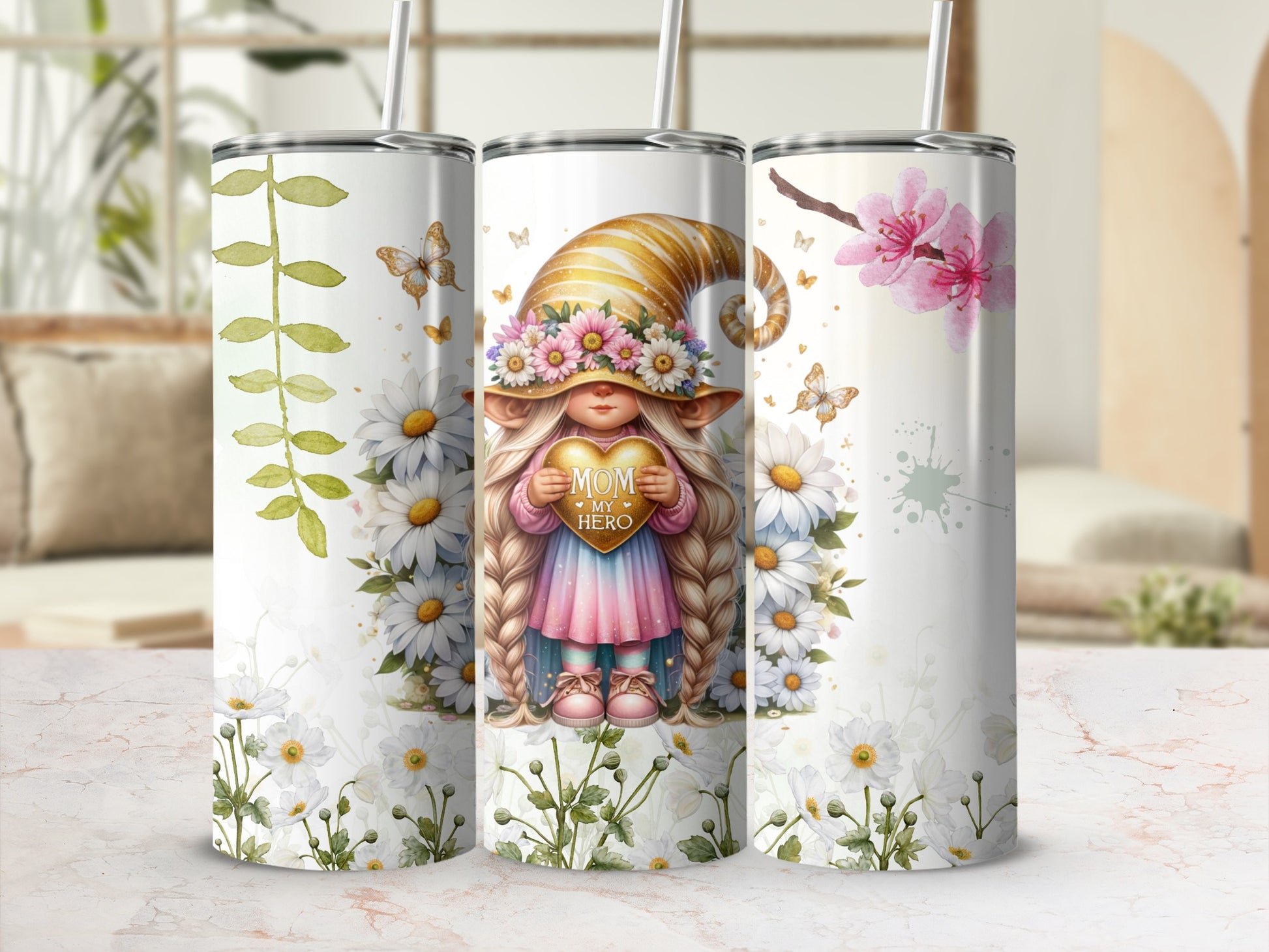 Floral Fantasy Mom My Hero Gnome Drinkware Tumblers