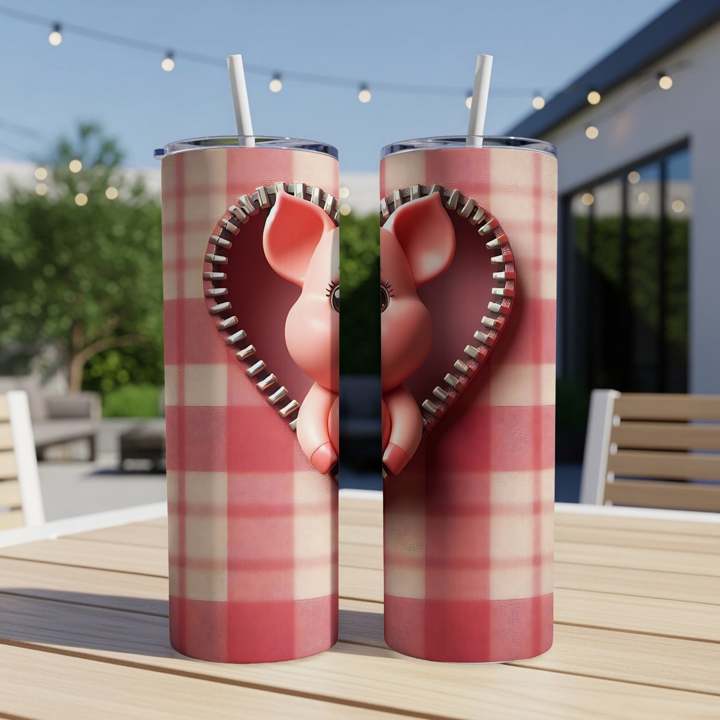 Pink pig peeking from a heart-shaped zipper on a plaid tumbler.