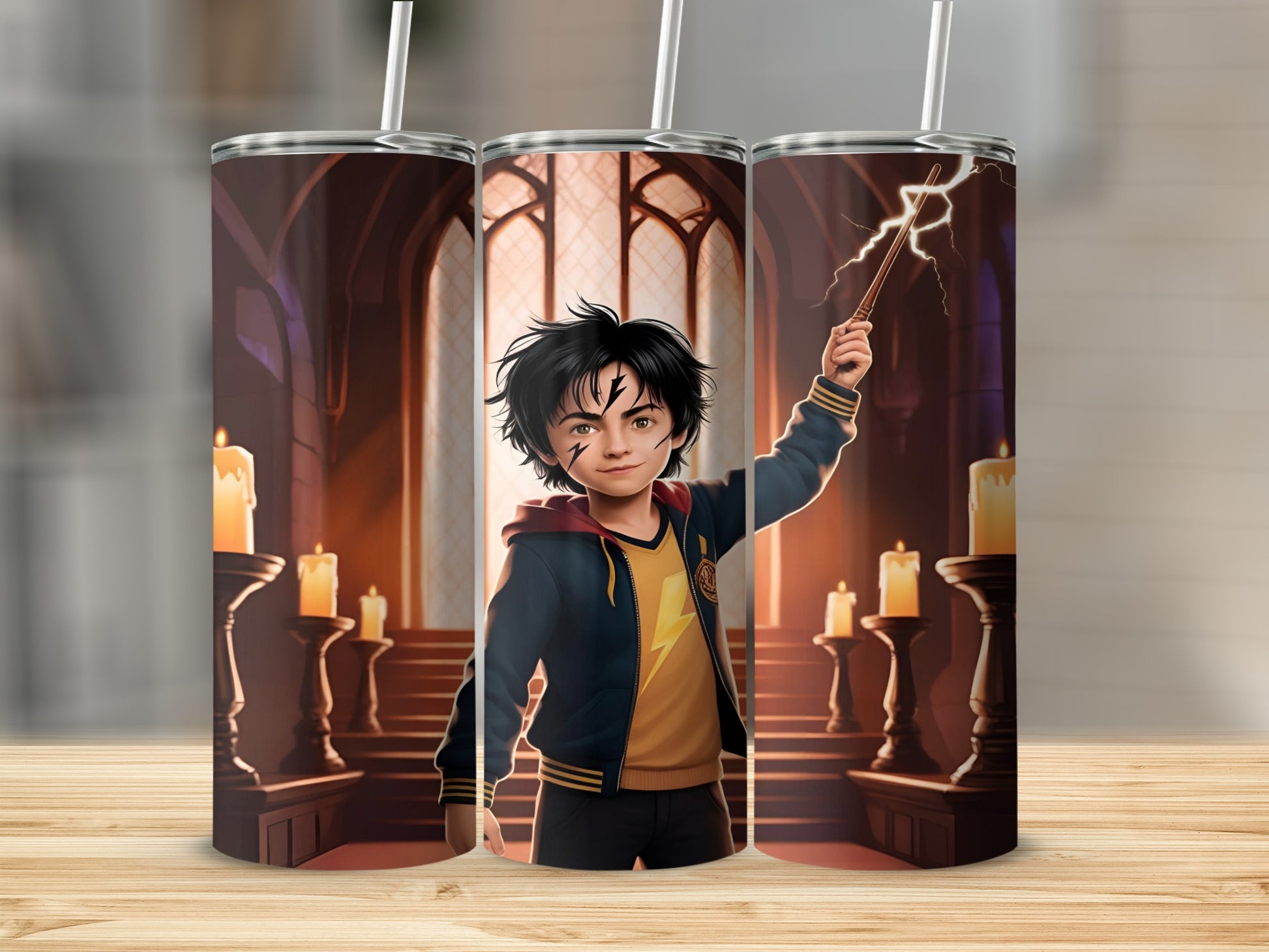 Harry Potter character holding a wand, with candles and a castle hall background.