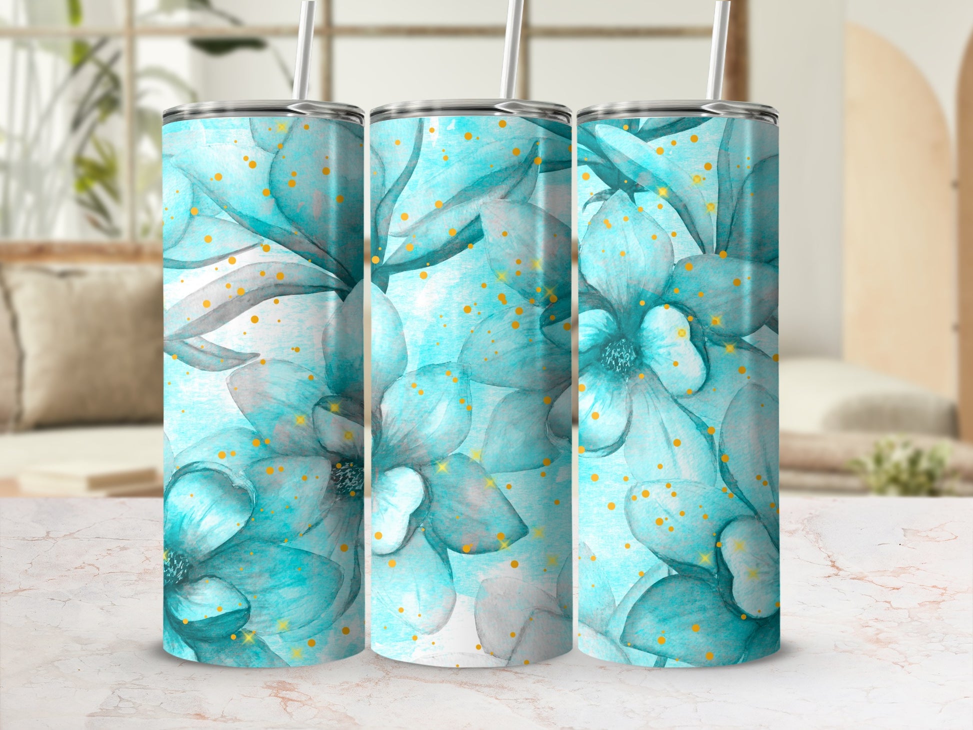 Aqua Floral Pattern Design Stainless Steel Tumbler