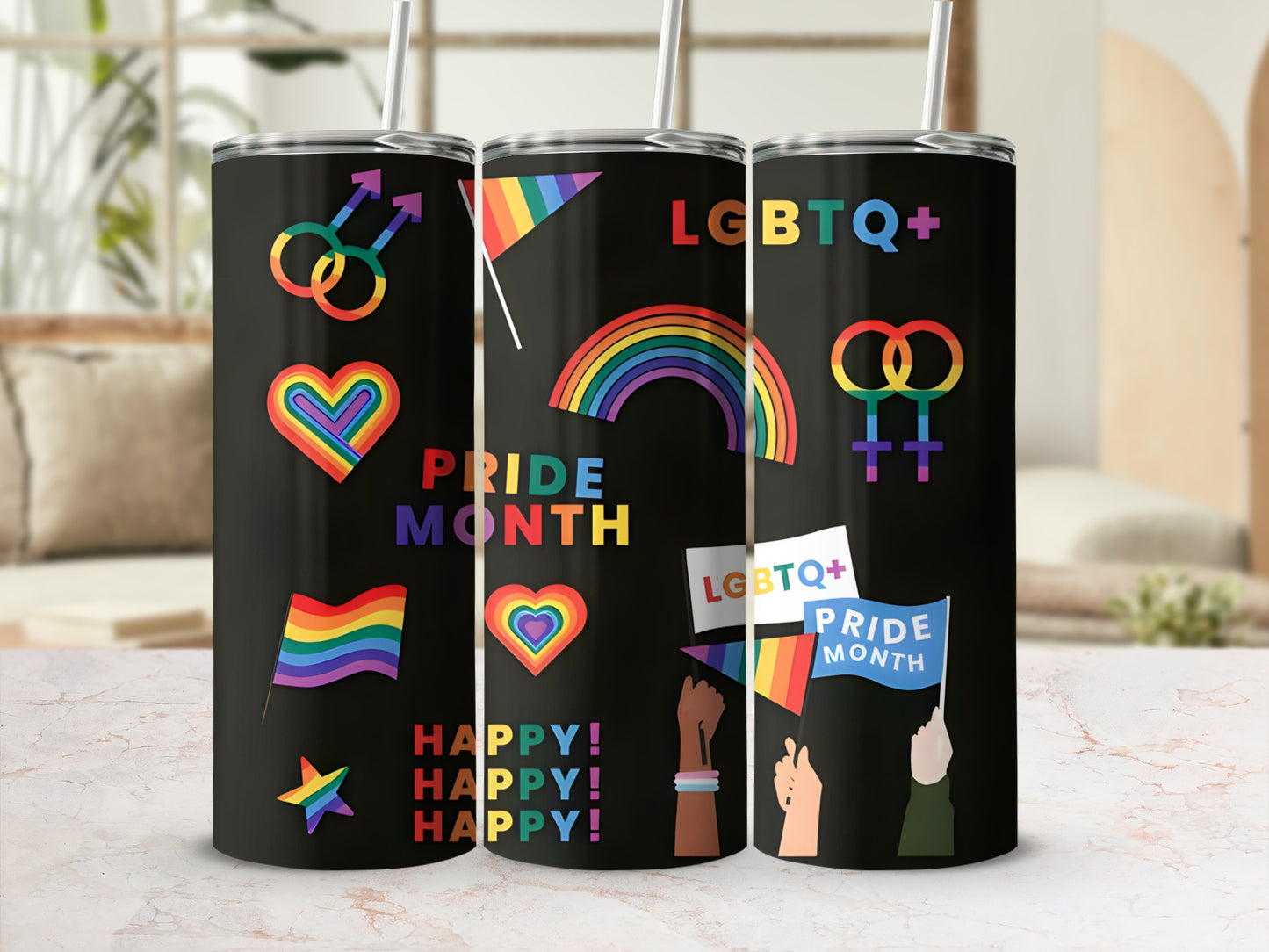 Pride Month tumbler with LGBTQ+ symbols, rainbow flags, and hands holding flags.