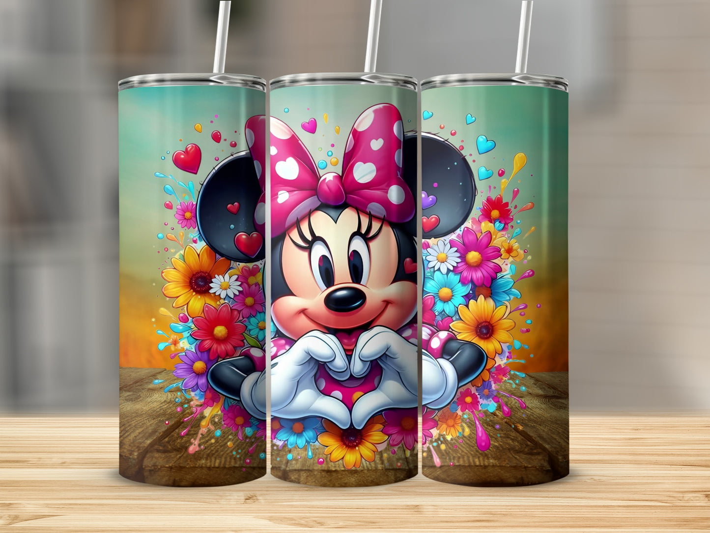 Cute Mouse Character with Bright Flowers Drink Tumbler
