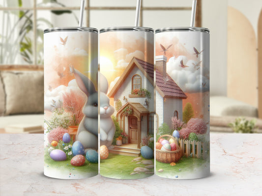 Easter bunny and house decor with colorful eggs and a basket.