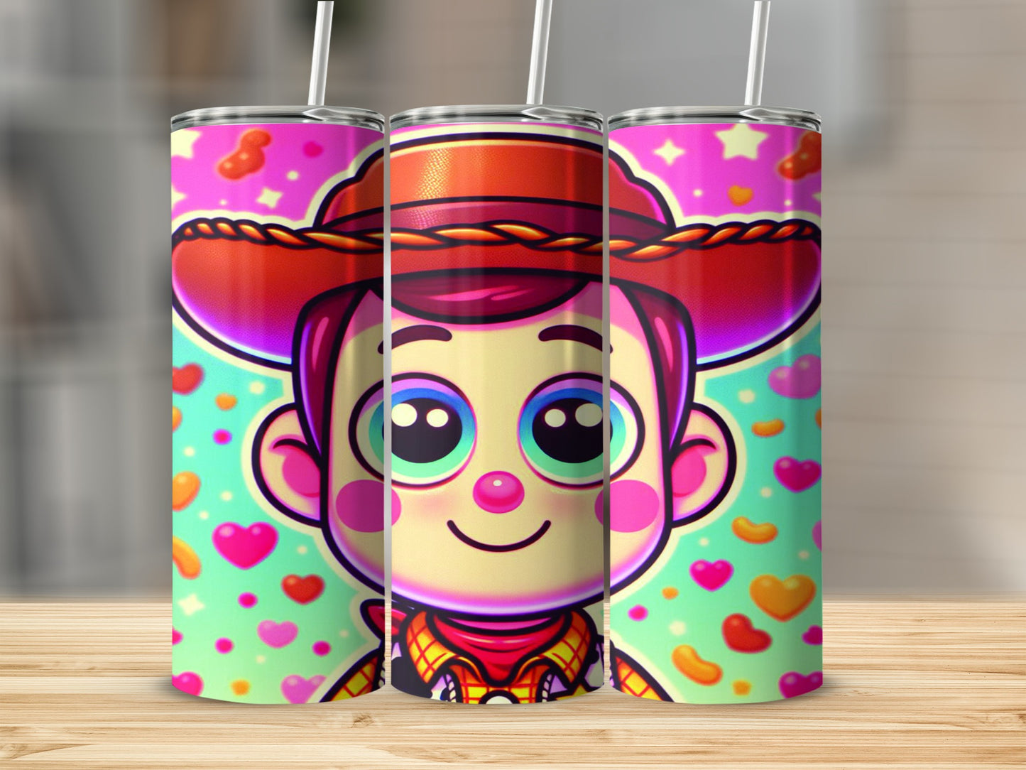 Toy Story Woody illustration on three pink and green tumblers.