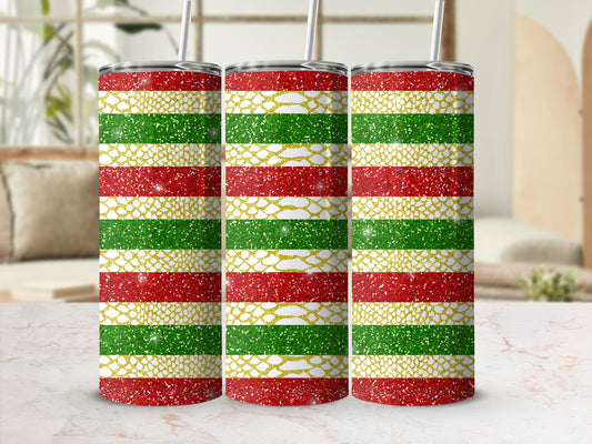 Three glittery striped tumblers in red, green, and gold.