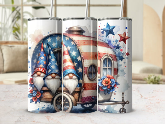 Three patriotic gnomes and a camper trailer with watercolor stars and flowers.