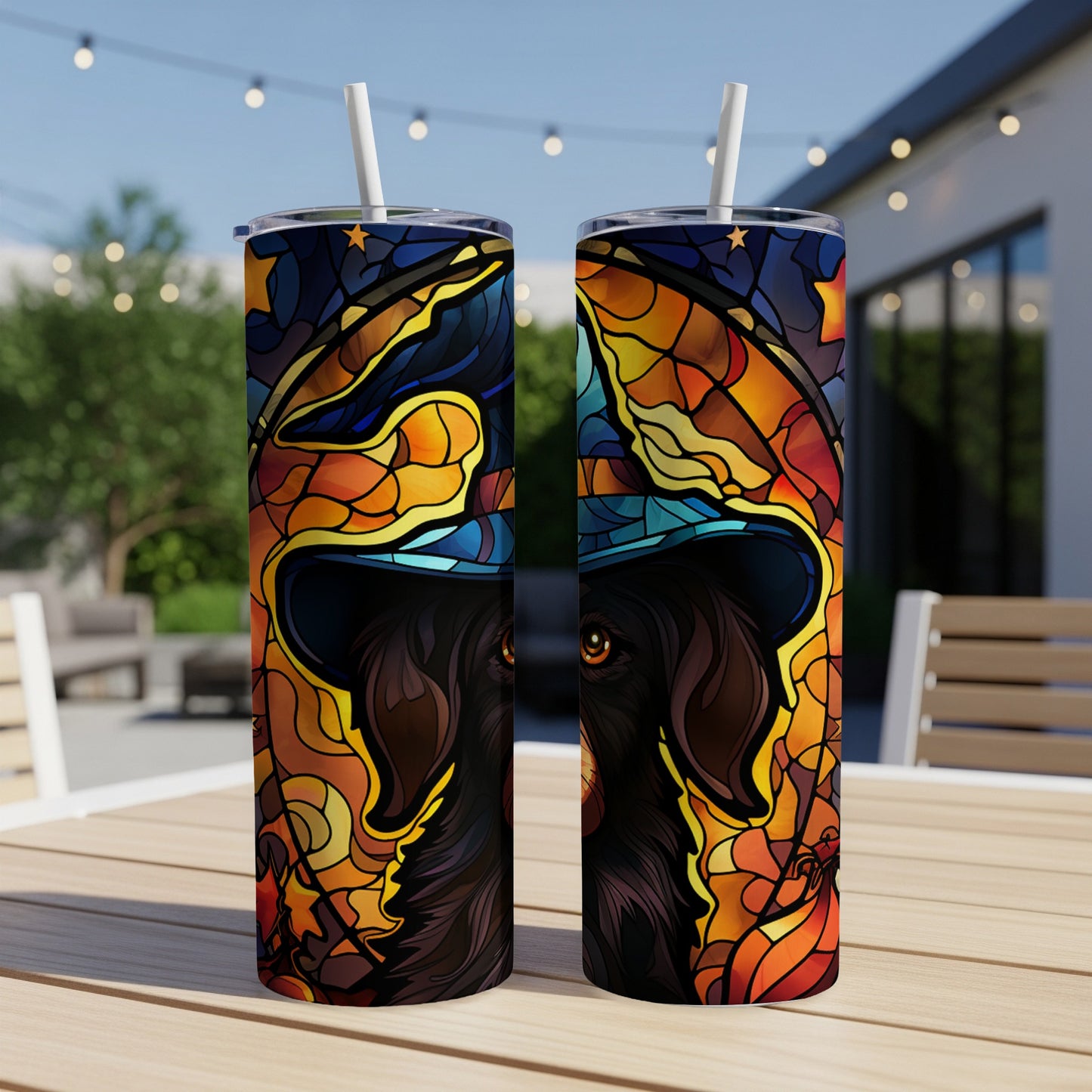 Dog wearing a stained-glass witch hat, two tumblers side-by-side.
