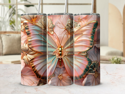 Three tumblers with iridescent butterfly and floral design.