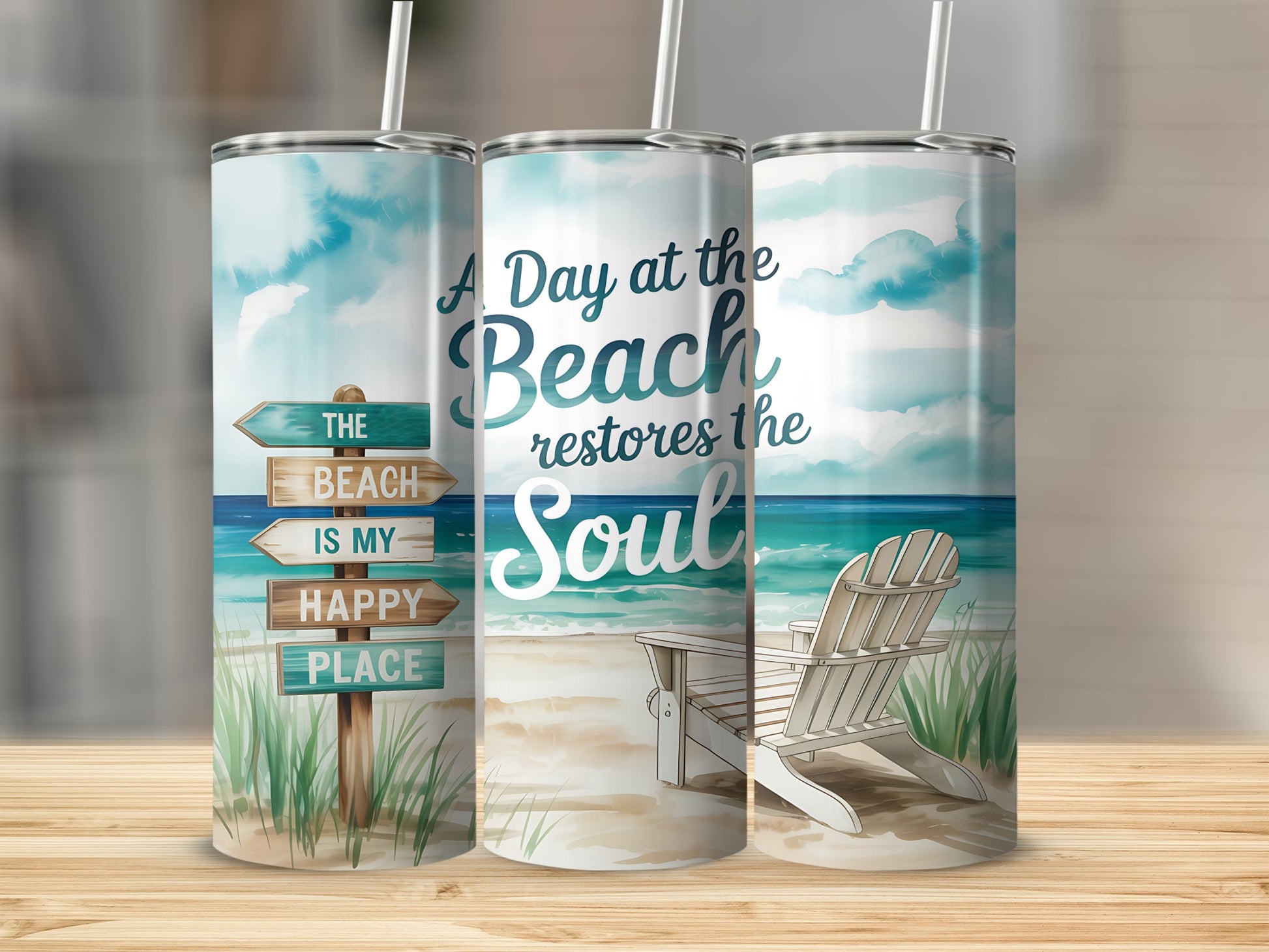 Beach scene tumbler with Adirondack chair and inspirational text.