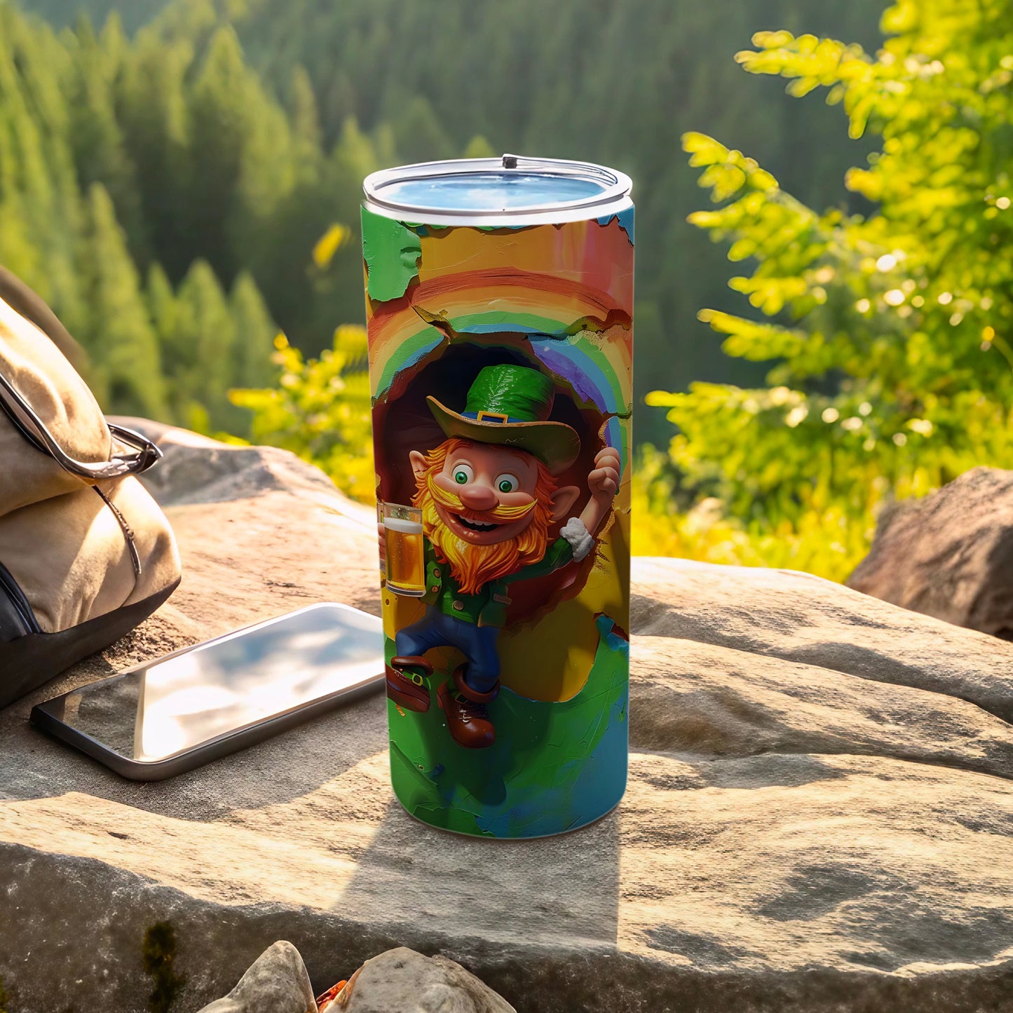 Leprechaun holding beer mug, emerging from rainbow arc on green tumbler.