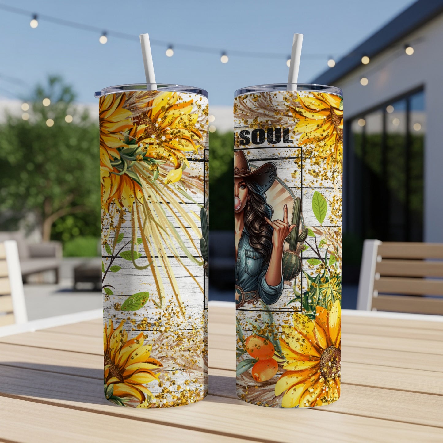 Cowgirl with sunflowers and cactus on a tumbler with "SOUL" text.