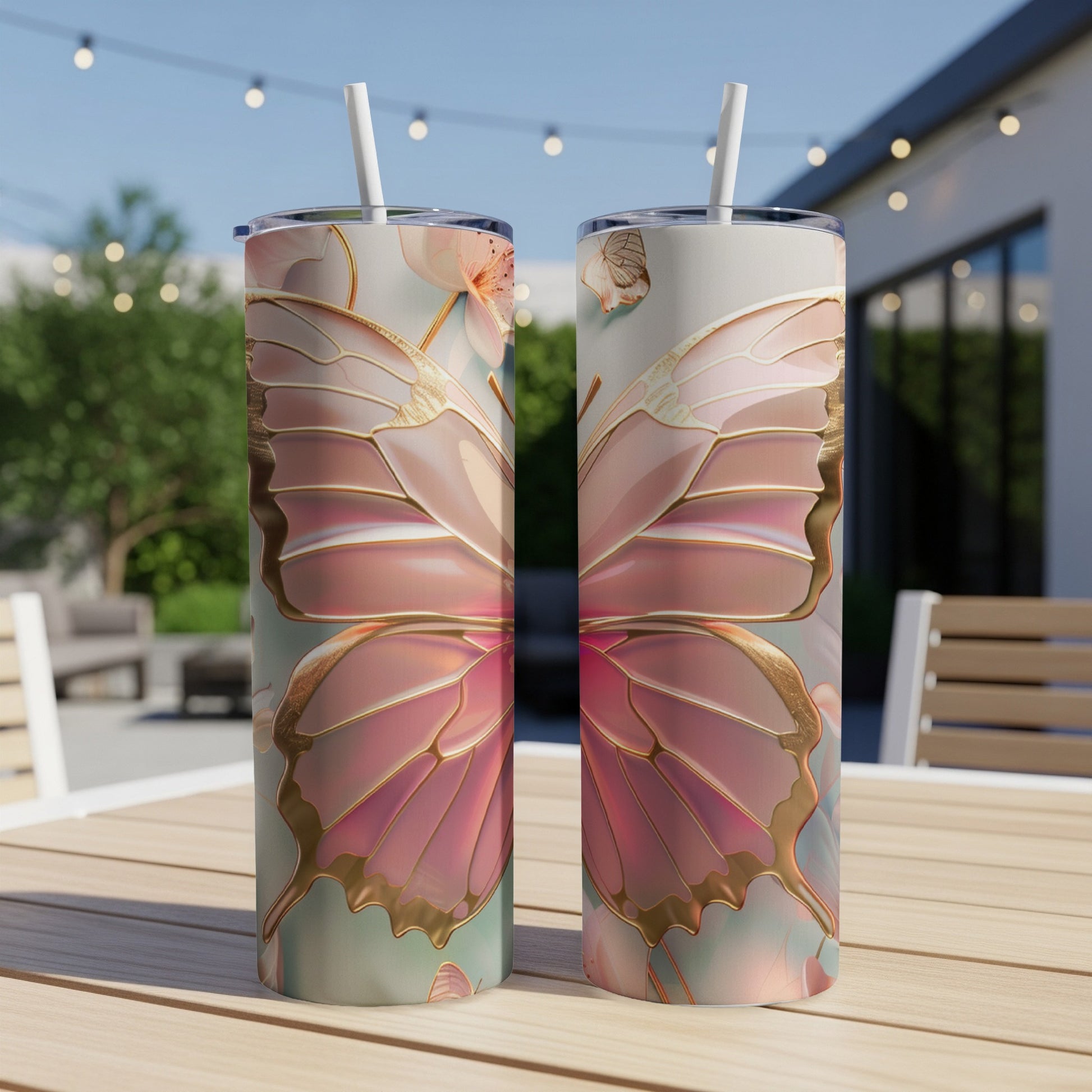 Two tall, skinny tumblers with large pink and gold butterfly wing designs.