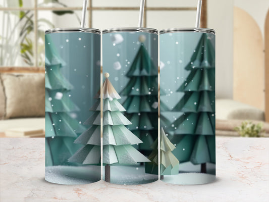 Three festive Christmas trees in a winter scene with snow.