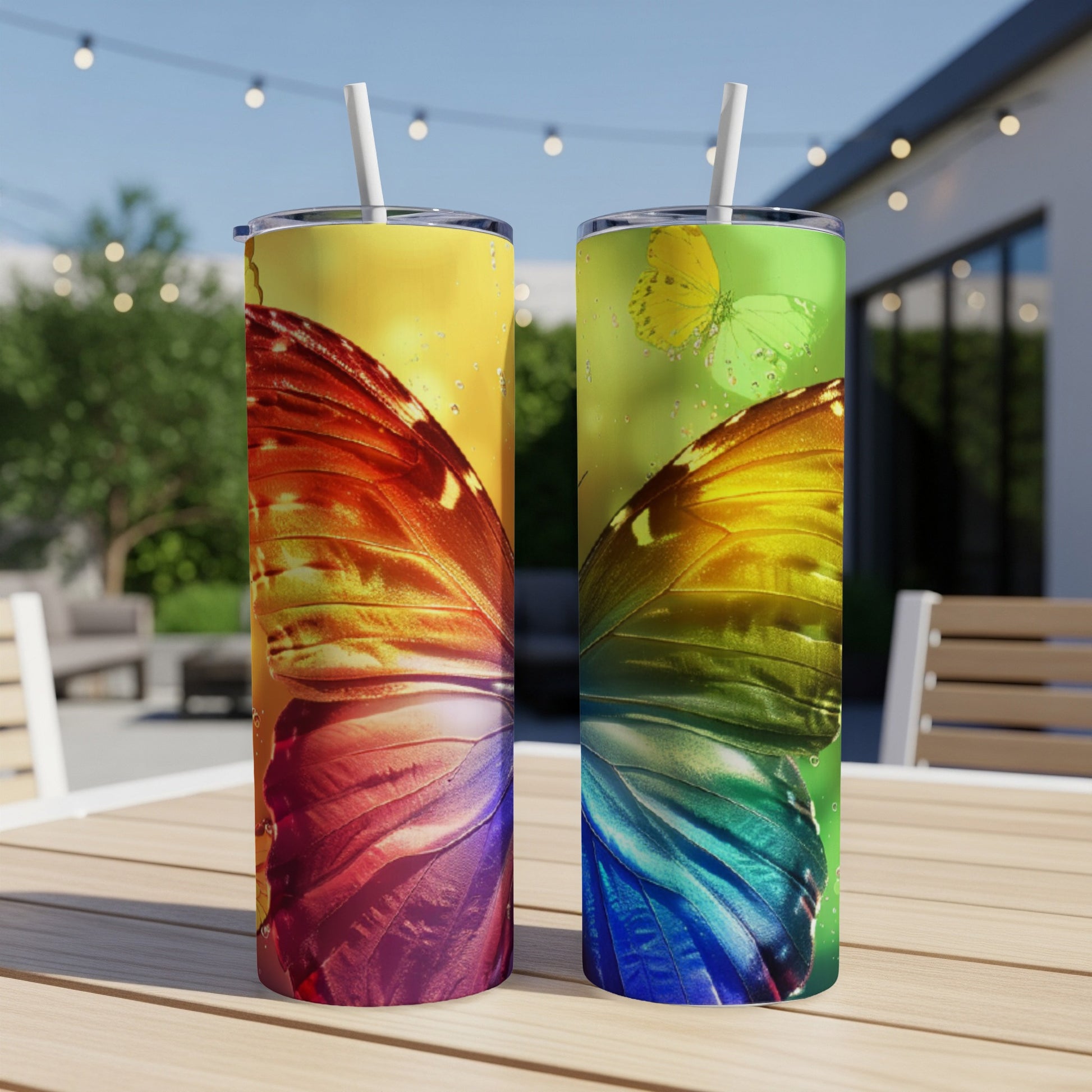 Two tumblers with colorful butterfly wing designs sit on a table outdoors.