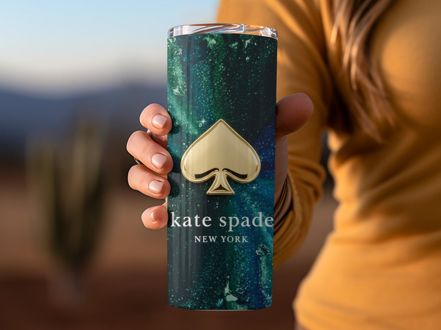 Inspired By Fabulous Kate Spade Logo On Green Blue Galaxy Effect Tumblers