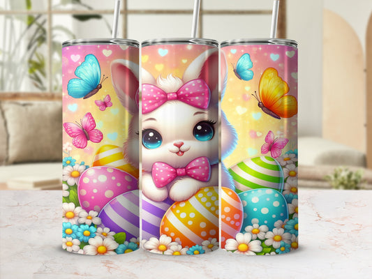 White bunny with pink bow, colorful Easter eggs, and butterflies.