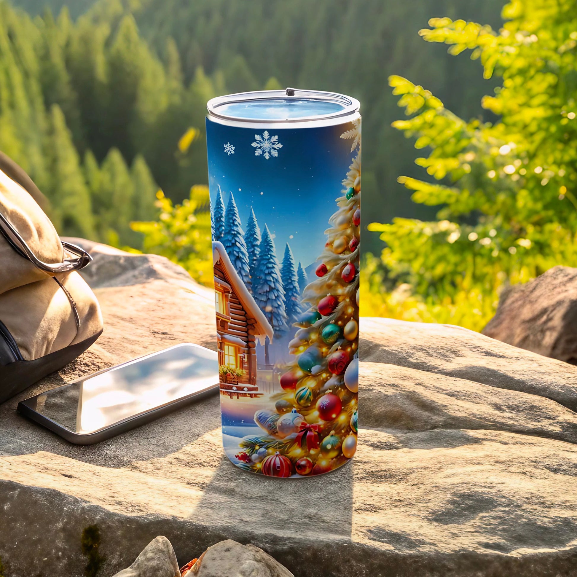 Festive Christmas Tree and Cabin Themed Tumbler