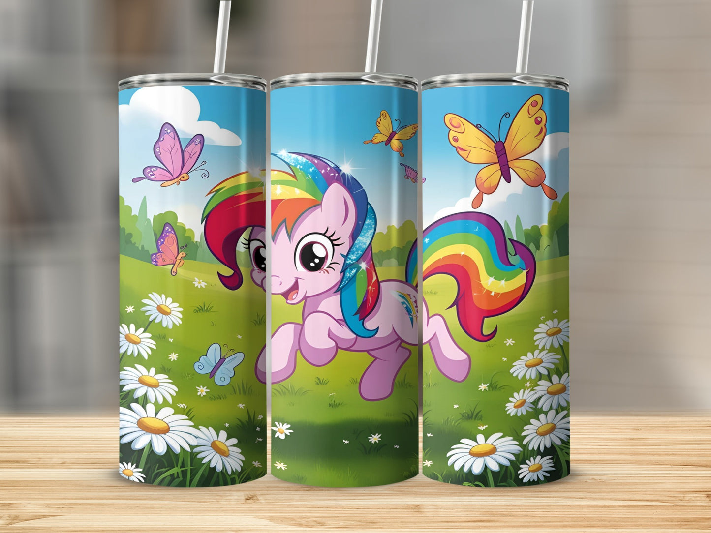 Rainbow Dash with butterflies and daisies on a grassy hill.