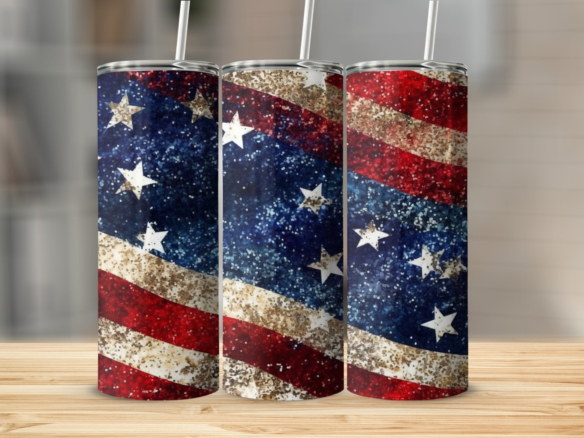 Three tumblers with patriotic American flag glitter design.