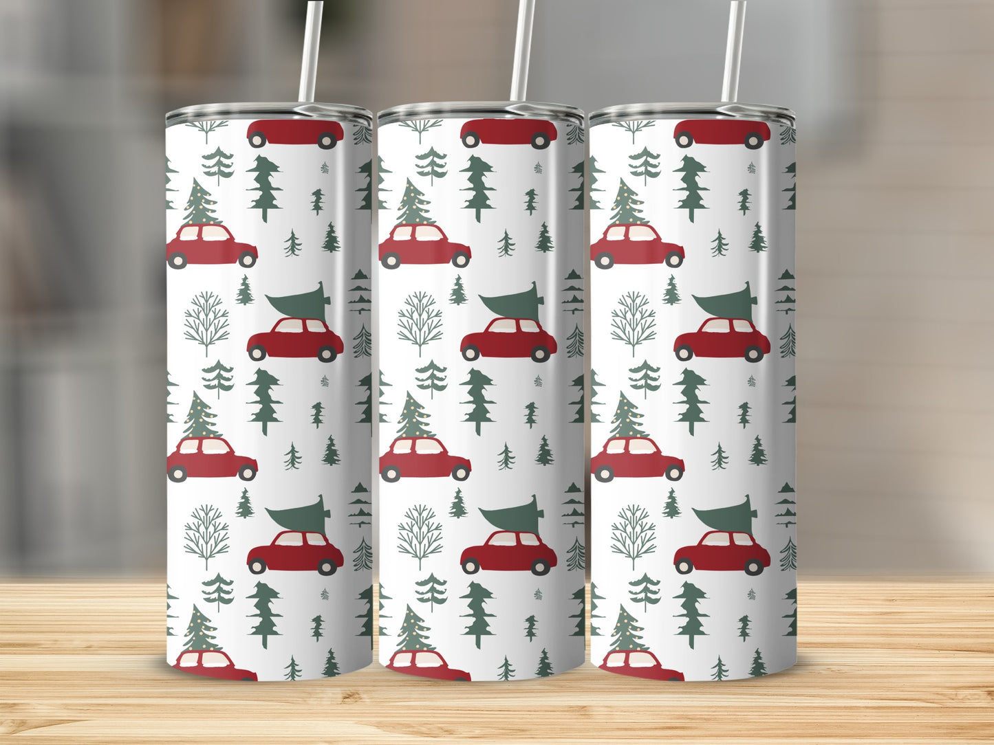Christmas cars and trees pattern on three tumblers.