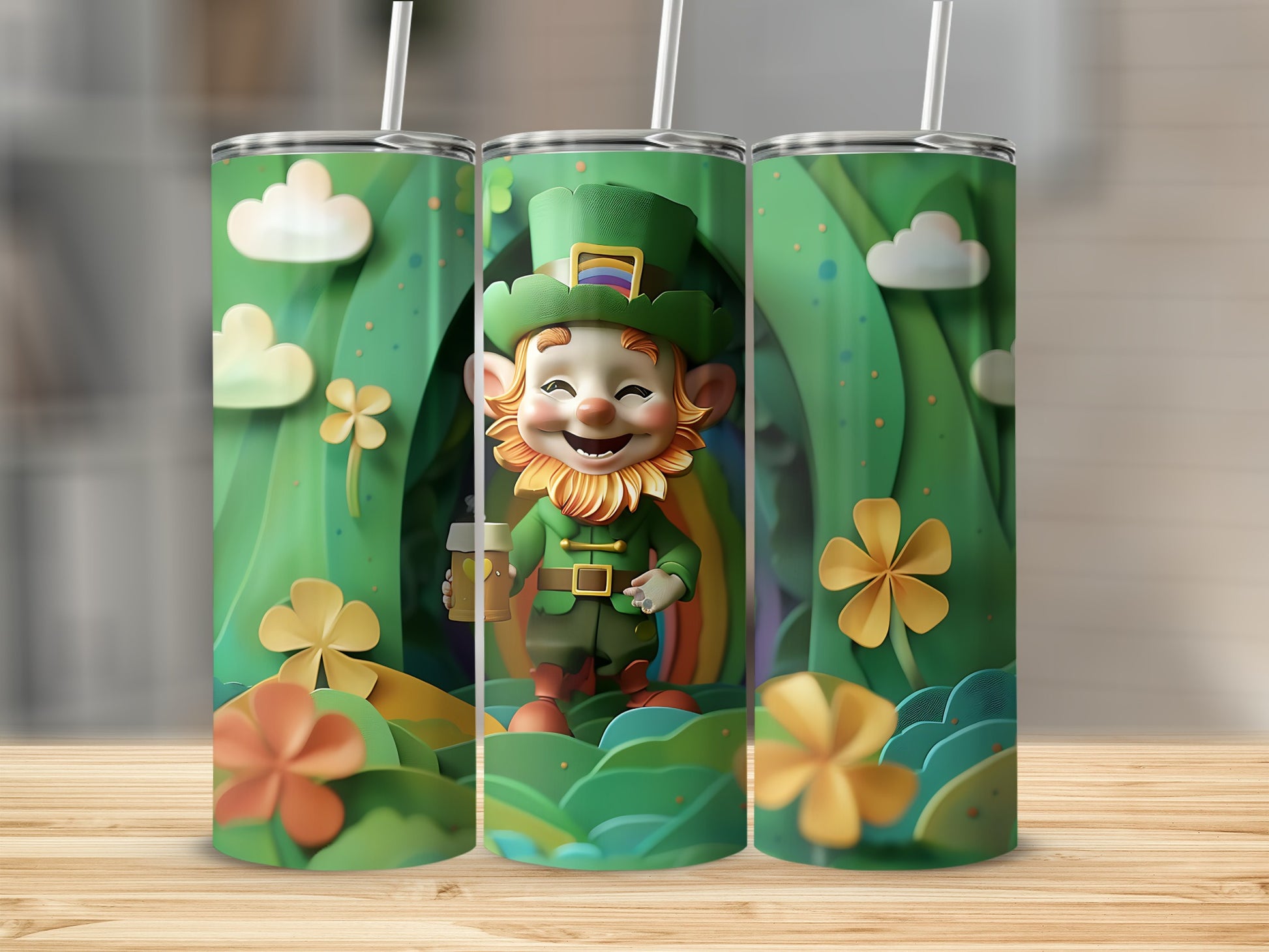Leprechaun in green hat holding mug in a St. Patrick's Day scene.