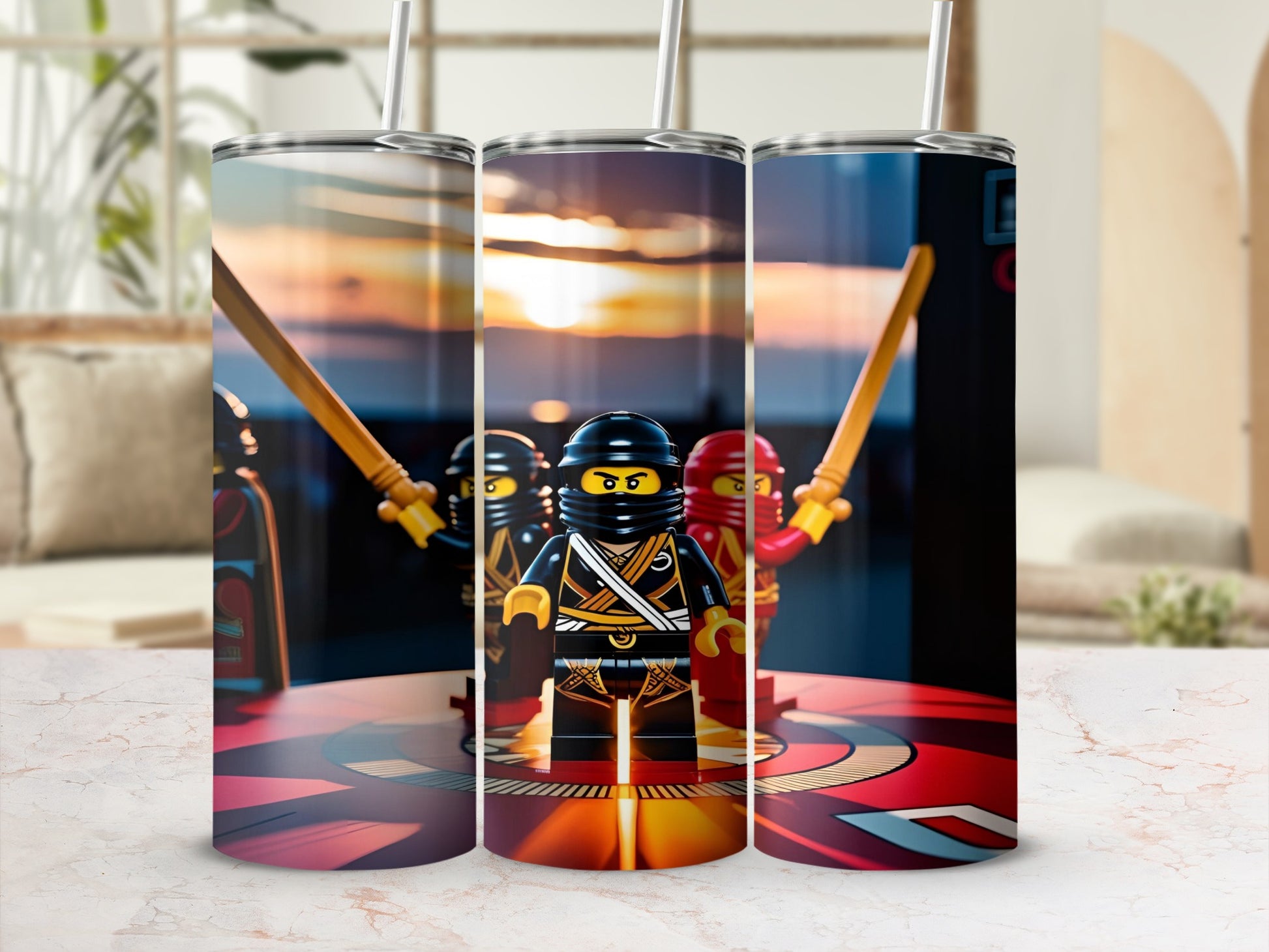 Three Ninjago characters in dynamic poses on a red and yellow circular platform.