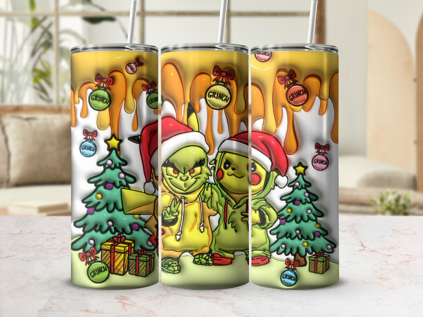 Festive Grinch Christmas Tree Design Tumbler Cup