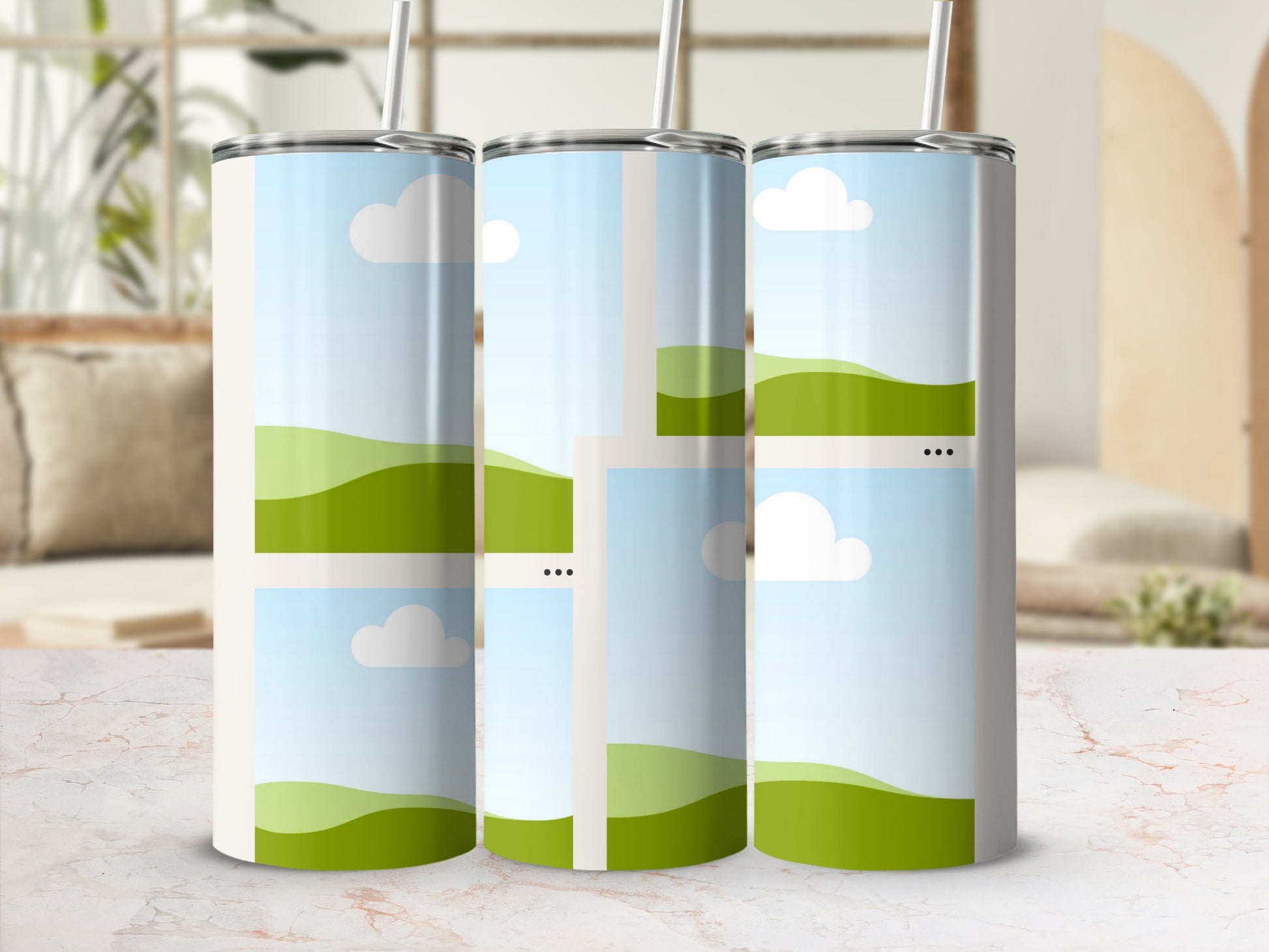 Three tumblers with a sky and rolling green hills design.