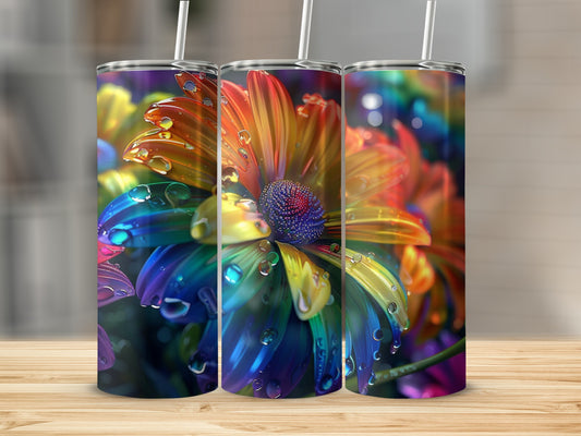 Rainbow daisy with water droplets on wooden surface.