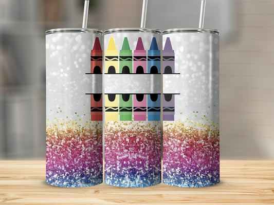 Tapered tumbler with crayon designs and glitter effect.