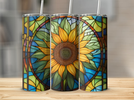 Three tumblers featuring a stained-glass sunflower design.