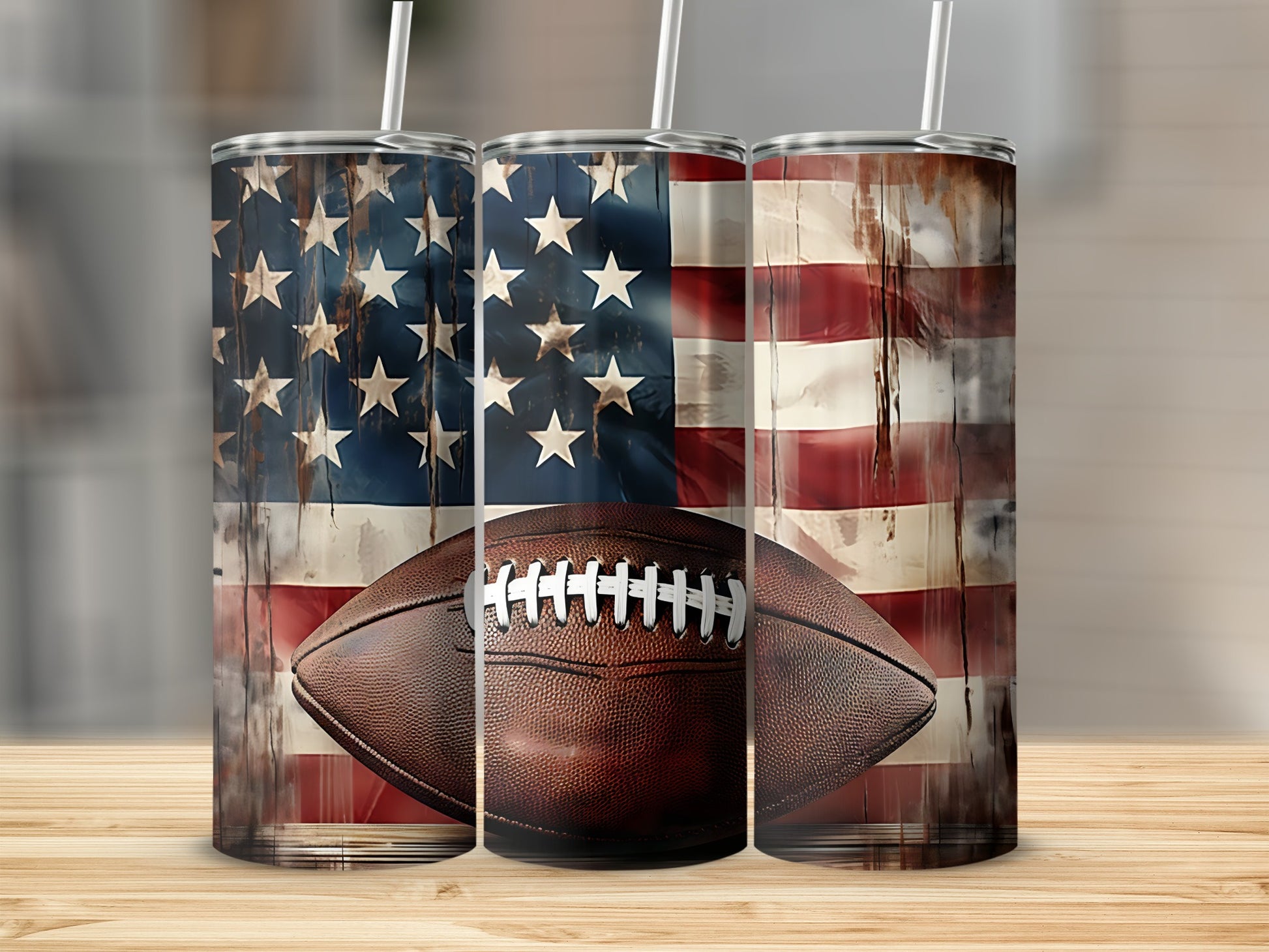 Three tumblers with American flag and football design.