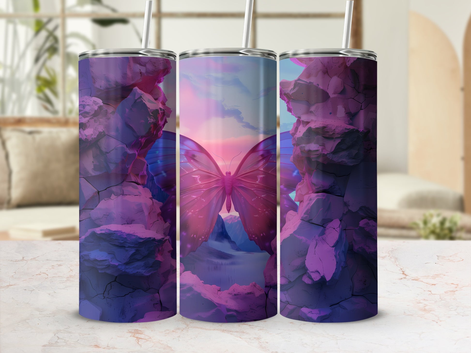 Three tumblers displaying a pink butterfly against a colorful sky.