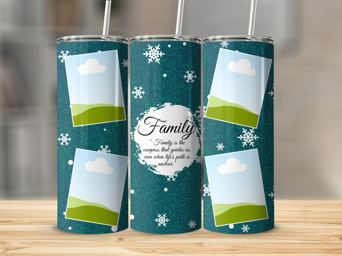 Three tumblers with a dark teal background, snowflakes, and photo frames.