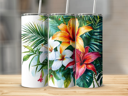 Three tall tumblers with tropical floral designs, including hibiscus and palm leaves.