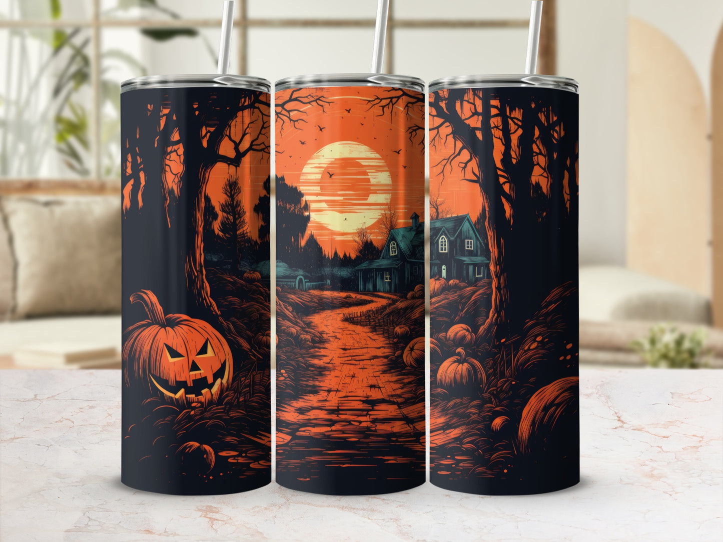 Halloween scene with Jack-o'-lantern, spooky trees, and a moonlit house.