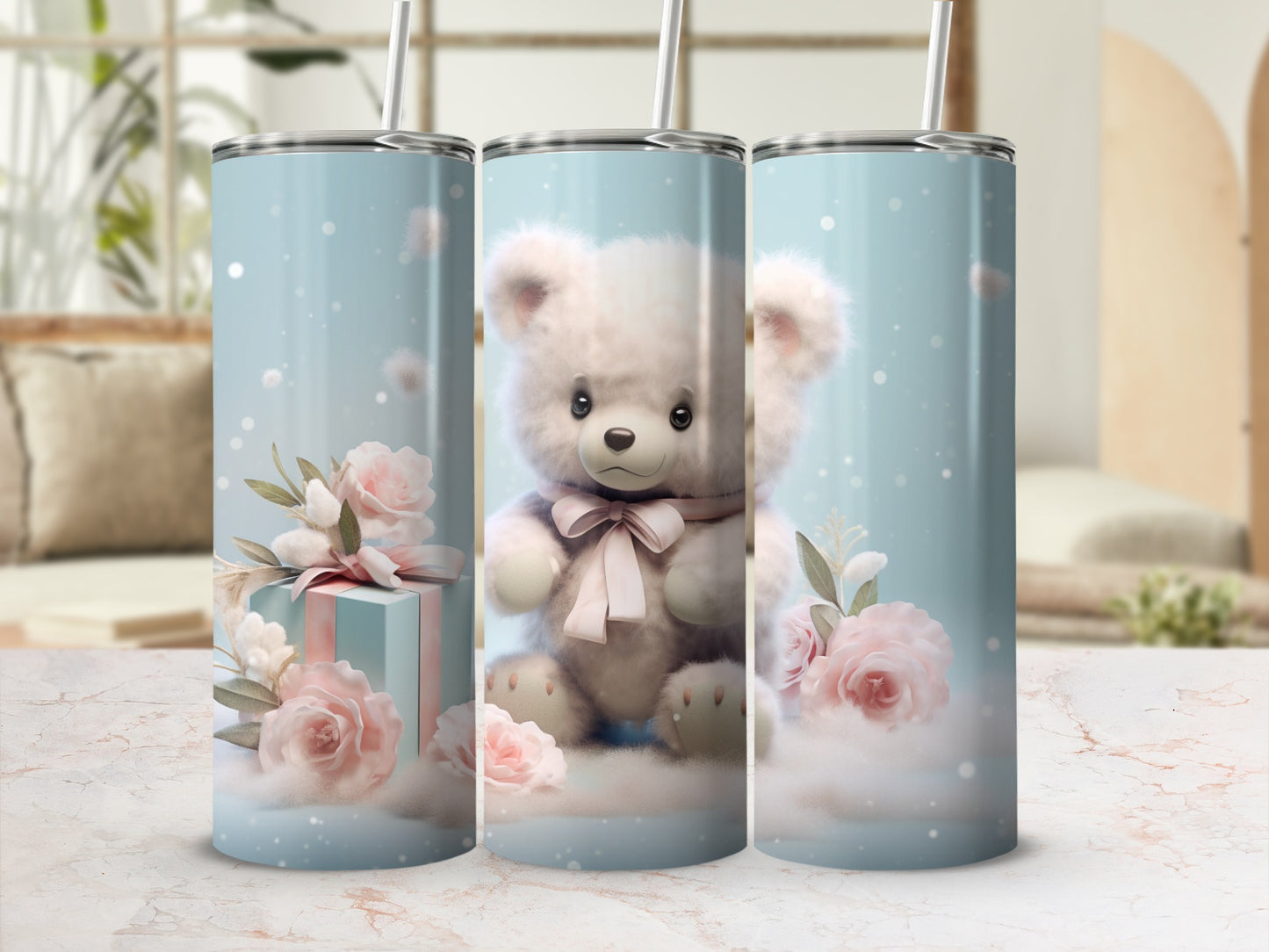 Cute Teddy Bear Floral Design Tumbler with Straw