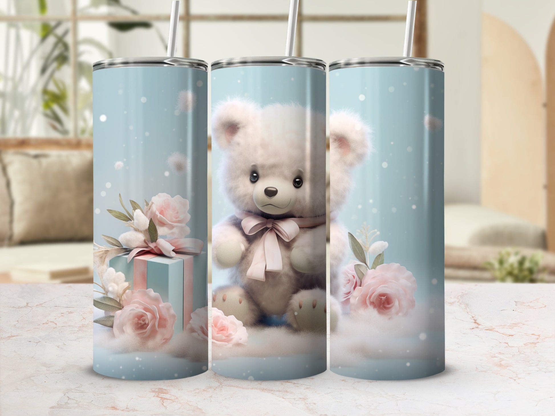 Cute Teddy Bear Floral Design Tumbler with Straw